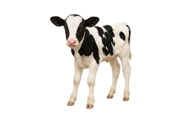 Adorable black and white Holstein calf standing on white background. Young dairy cow isolated for farming, agriculture, livestock, veterinary concept. High-resolution animal portrait