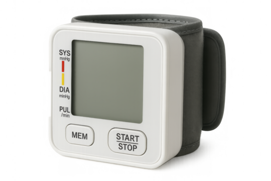 Digital blood pressure monitor showing normal values on transparent background