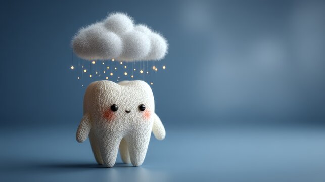 Cute tooth character with fluffy cloud and sparkles on soft blue background