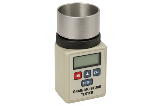Grain moisture tester measuring tool with digital display on transparent background