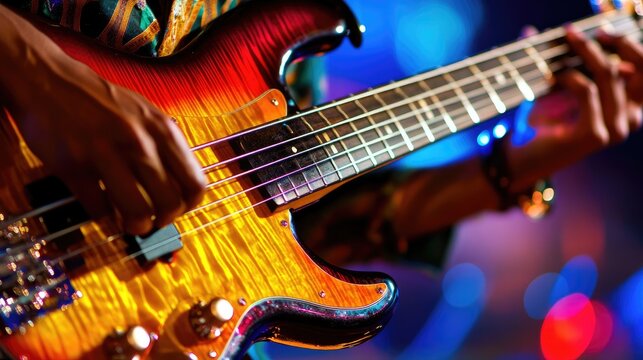 Close-up of a musician's hands playing a vibrant electric bass guitar. Colorful lights create a lively atmosphere, emphasizing the music performance.