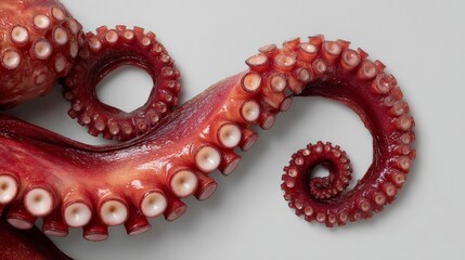 Obraz premium Close-up of curled red octopus tentacle against grey background