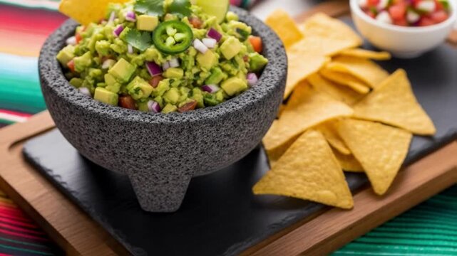Freshly made guacamole in a traditional molcajete bowl is served with tortilla chips and salsa, showcasing vibrant mexican cuisine and appealing party appetizers for culinary events