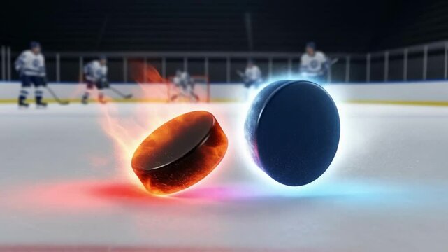 Flaming and icy hockey pucks collide on an ice rink with blurred players in the background, symbolizing intense rivalry and dynamic opposition in competitive sports contests