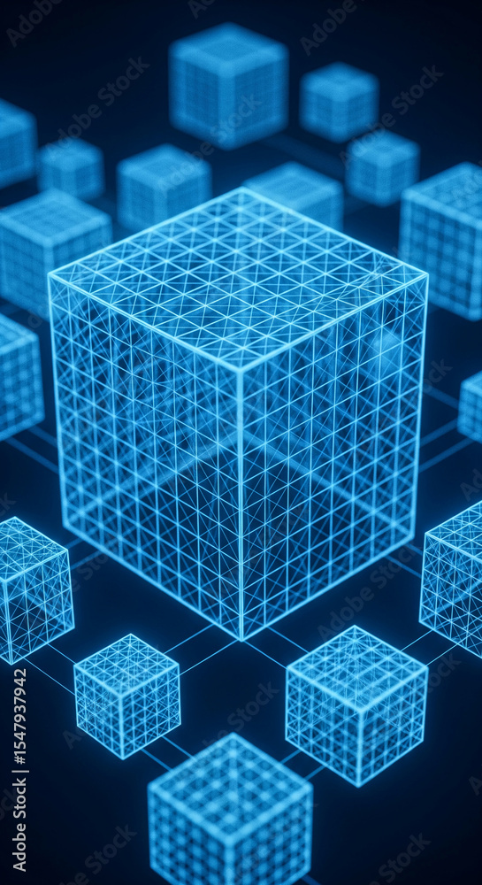 Fototapete Abstract image of interconnected glowing blue cubes, creating a network structure symbolizing digital connection, technology, and data flow