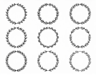 Obraz premium Set of nine small decorative wreaths with foliage branches in a minimalist black and white style.rustic, leaf, nature, artistic, border, chic, curve, cut out, delicate, elegant, graceful, growth, 
