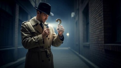 Enigmatic detective in a trench coat investigates a shadowy alley with a flashlight and a question mark, evoking classic film noir mystery and criminal investigation themes