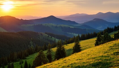 serene mountain landscape at sunset rolling hills verdant forests and majestic peaks basking in golden light