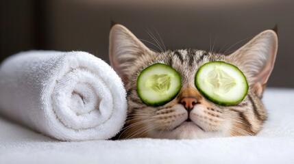 a cat with a cucumber mask on its face. A feline friend enjoys a refreshing vegetable facial treatment.
