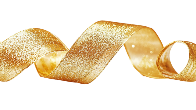 Golden ribbon bow decoration for a shiny Christmas gift, isolated on transparent background. PNG
