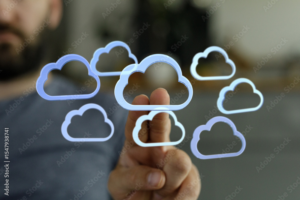 Poster person interacts with cloud icons, symbolizing cloud computing, data storage, and digital technology