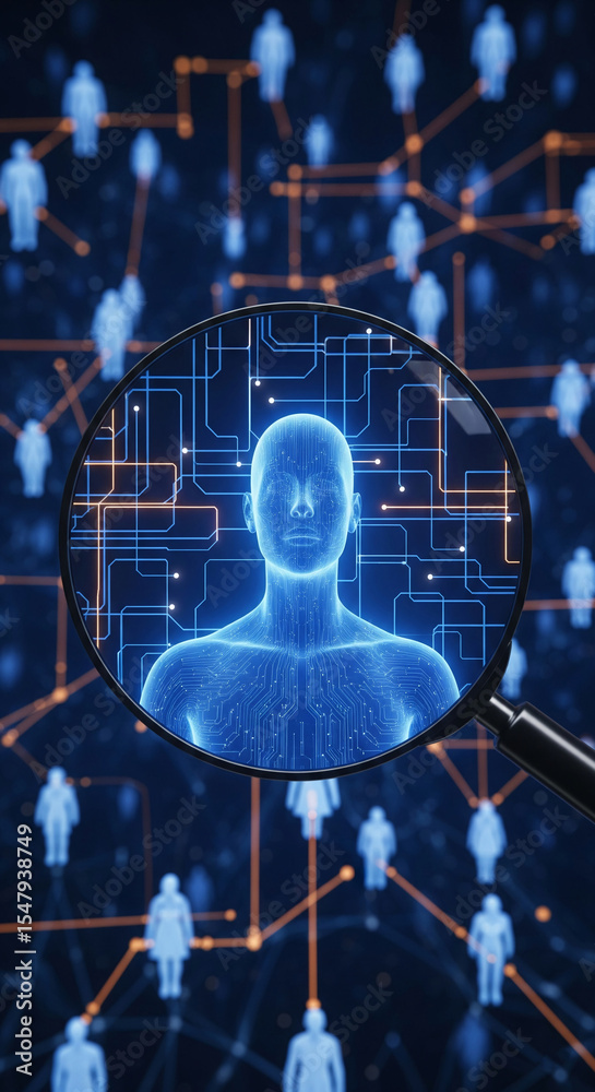 Poster Magnifying glass focuses on a digital human, circuit-board texture, symbolizing data analysis, network security, or AI.  Network connections visible in background