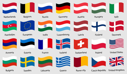 Collection of world country flags in waving style. Set of world national flags with country names. Waving national flags collection for international and global concepts. Vector illustration. © Munnacreativehub