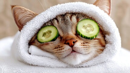 Cat relaxing in spa with cucumber slices on eyes holding a glass of champagne. Cute cat in a bathrobe and turban on spa treatments after bath. Pet grooming domestic pets treatment.