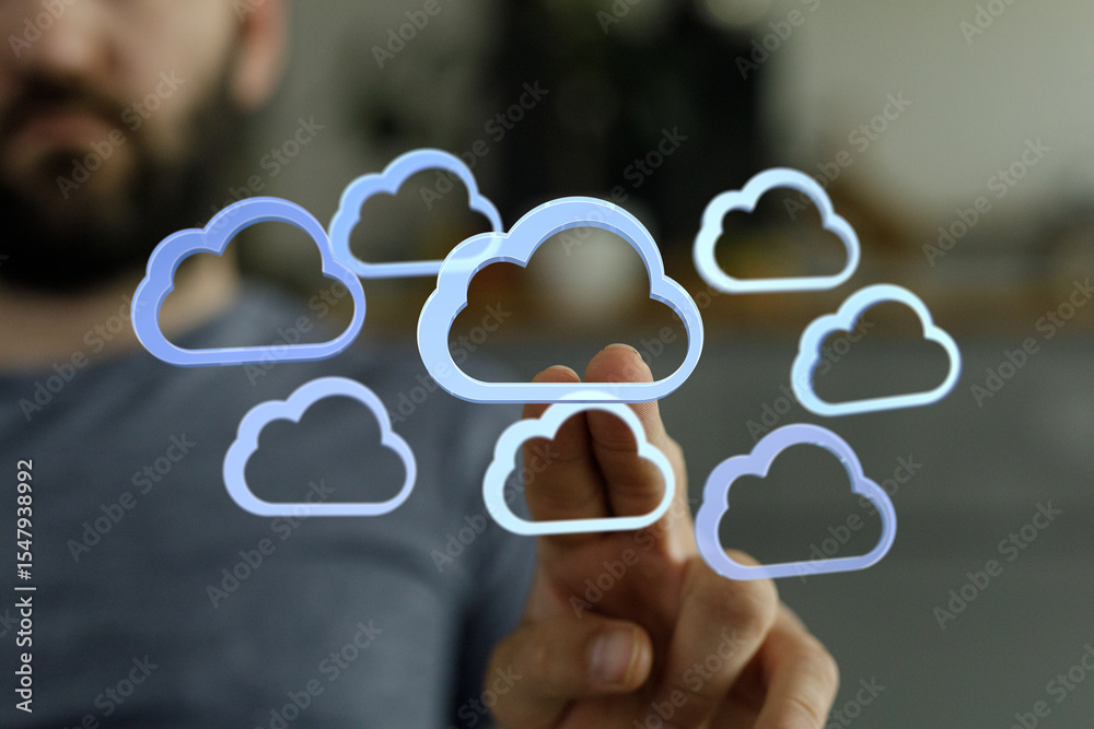 Poster image depicting a person interacting with cloud icons, symbolizing cloud computing, data storage, an