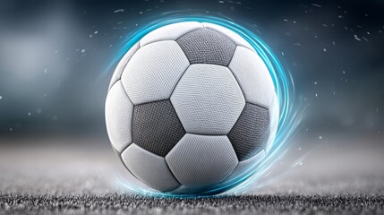Fototapeta premium Dynamic soccer ball in motion on grass field with blue energy swirl