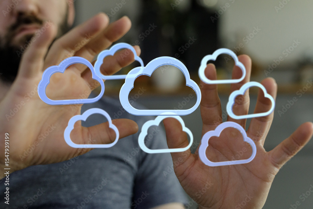 Poster Image depicts a person interacting with holographic cloud icons, symbolizing cloud computing and data storage.