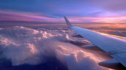 Obraz premium Window seat view of airplane wing above clouds, warm light during golden hour