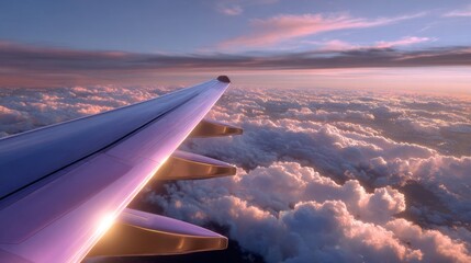 Window seat view of airplane wing above clouds, warm light during golden hour