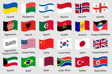 World country flags collection. Waving Flag icons. Vector set of 24 waving national flags including USA, UK, China, Japan, Brazil, Israel, South Korea and more. Global countries flag vector icons set.