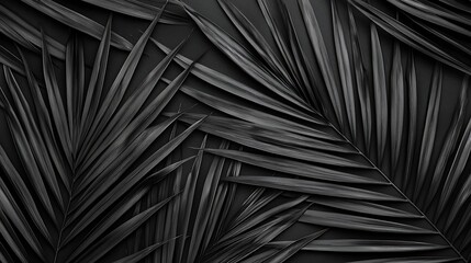 Obraz premium Close-up of overlapping dark palm leaves creating a textured, monochrome pattern with sharp lines and shadows.