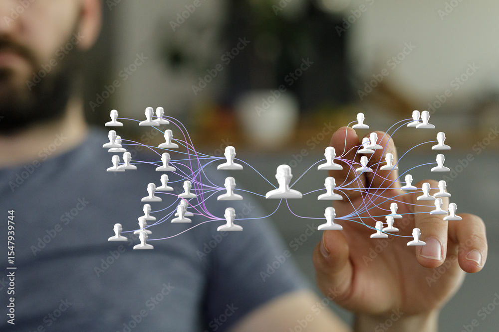 Poster Image of a person interacting with a network visualization, representing connection and communication.