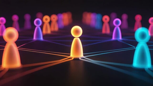 Neon-colored game pieces connected by glowing lines symbolize digital networking and social connections in a futuristic setting. - Powered by Adobe
