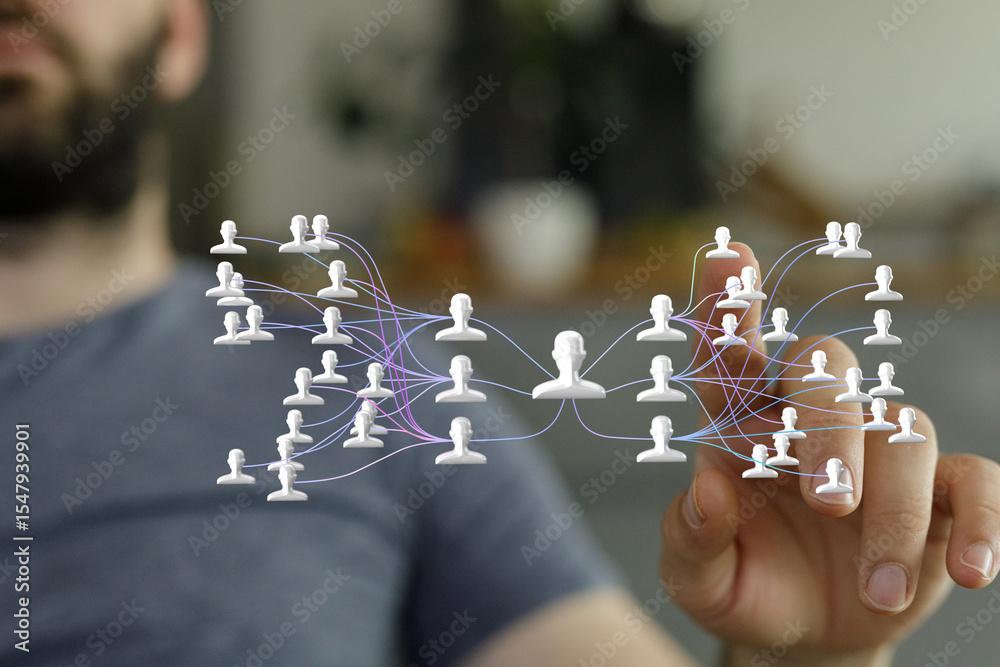 Poster A man interacts with a digital network visualization, showing connections between people.