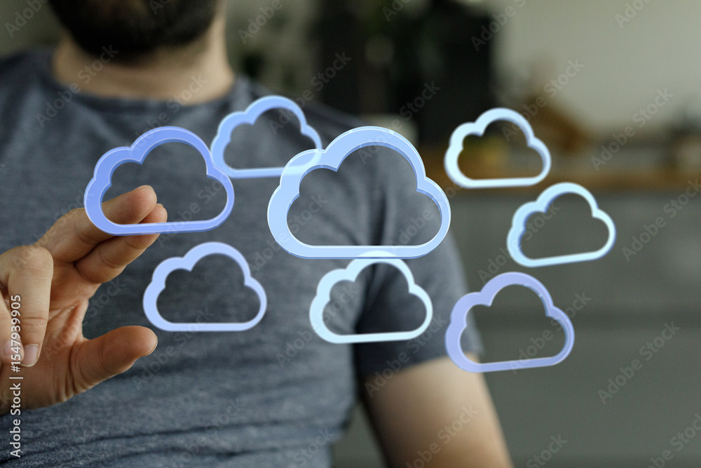 Poster Person using finger to interact with digital cloud icons representing data storage and cloud computing.