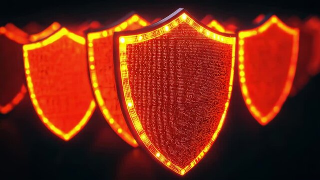 A row of illuminated red shields, symbolizing protection and security, set against a dark background.