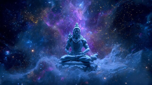 Mystical lord shiva meditation in cosmic galaxy with nebula and stars
