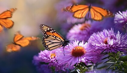 Obraz premium monarch butterfly feeding on purple aster flower in summer floral background monarch butterflies in autumn blooming asters
