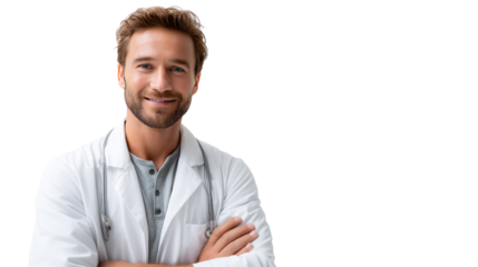 Friendly Doctor Portrait: A warm and approachable doctor, wearing a classic lab coat and stethoscope, exudes confidence and professionalism with a welcoming smile in the photo.