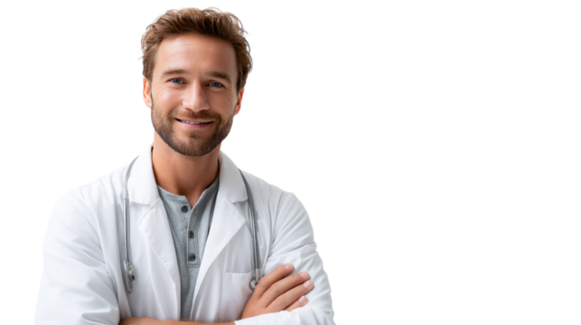 Friendly Doctor Portrait: A warm and approachable doctor, wearing a classic lab coat and stethoscope, exudes confidence and professionalism with a welcoming smile in the photo.