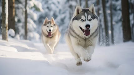 Naklejka premium forest dogs playing in snow