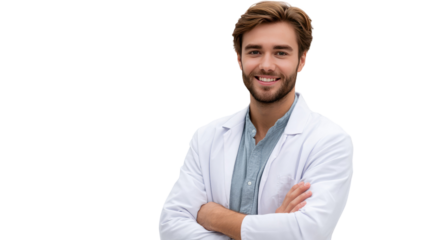 Confident Professional: A cheerful scientist, dressed in a clean white coat, smiles with his arms crossed, exuding confidence and competence.
