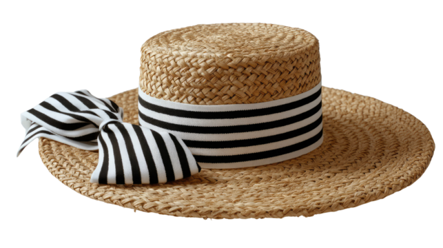 Stylish Straw Hat: A chic straw hat, with a playful striped band and a bow, symbolizing summer relaxation and a touch of fashion.