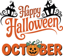 Cute Colorful Happy Halloween Typography Art, isolated on white background. Happy Halloween in orange and pink red lettering with curls, bats, and pumpkins. Happy Halloween in black. Vector Art.