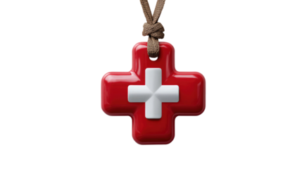 Swiss Cross Pendant: Red ceramic pendant featuring a Swiss cross, hanging from a brown cord.  A simple yet elegant piece of jewelry.