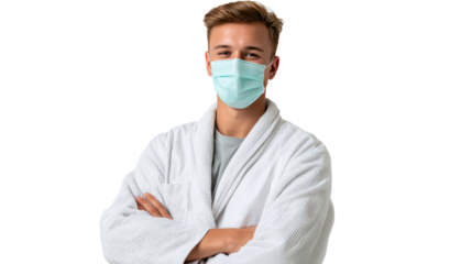 Protective Gaze: A healthcare professional stands ready, donned in a mask and coat, symbolizing care and vigilance amid a backdrop of challenges.
