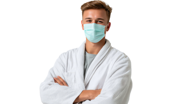 Protective Gaze: A healthcare professional stands ready, donned in a mask and coat, symbolizing care and vigilance amid a backdrop of challenges. - Powered by Adobe