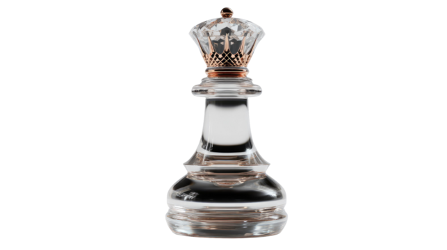 Chess Queen - Elegant glass chess piece: This image highlights a single, intricately designed glass queen chess piece, the epitome of strategy, elegance, and intellectual pursuit.