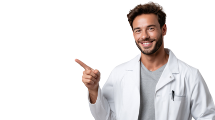 Smiling Doctor: A cheerful doctor, radiating confidence, gestures towards the blank space, showcasing healthcare professionalism with his bright, engaging demeanor.