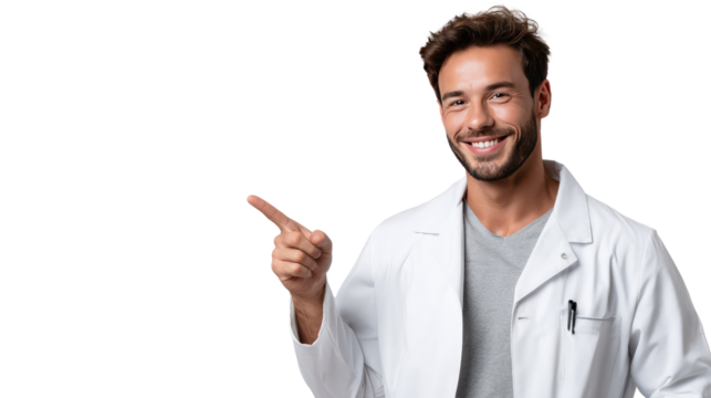 Smiling Doctor: A cheerful doctor, radiating confidence, gestures towards the blank space, showcasing healthcare professionalism with his bright, engaging demeanor.