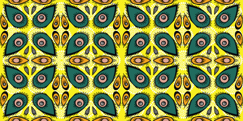 African ethnic traditional yellow, green pattern. seamless beautiful Kitenge, chitenge, dutch wax style. fashion design in colorful. botanical abstract motif. floral Ankara prints, African wax prints.