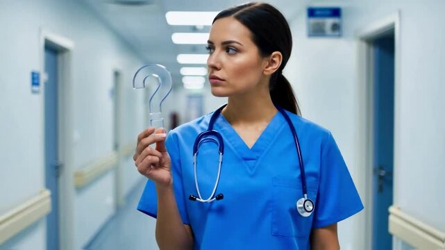Thoughtful female doctor in blue scrubs holds a metal question mark in a hospital corridor, symbolizing medical uncertainty, diagnostic challenges or critical healthcare inquiries