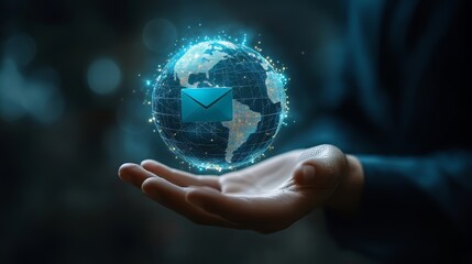 A virtual globe with an email icon in a businessmana??s hand, illustrating notification alerts and direct selling via emails.