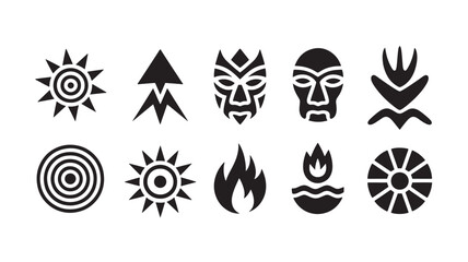 Black And White Line Art Tribal Symbols Sun Masks Fire Floral Geometric Concentric Circles Arrow Design Elements