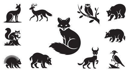 Black And White Line Art Wildlife Collection Fox Deer Bear Owl Squirrel Porcupine Raccoon Bird vector