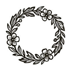 Floral wreath illustration with leaves and flowers in black ink style  
